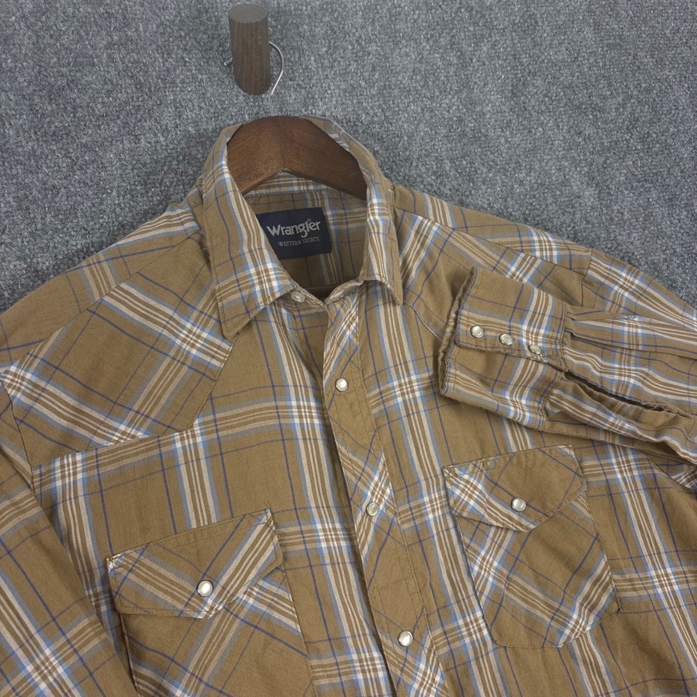 Wrangler Western Shirt Mens Large Plaid Brown Blue Long Sleeve‎ Cowboy Ranch
